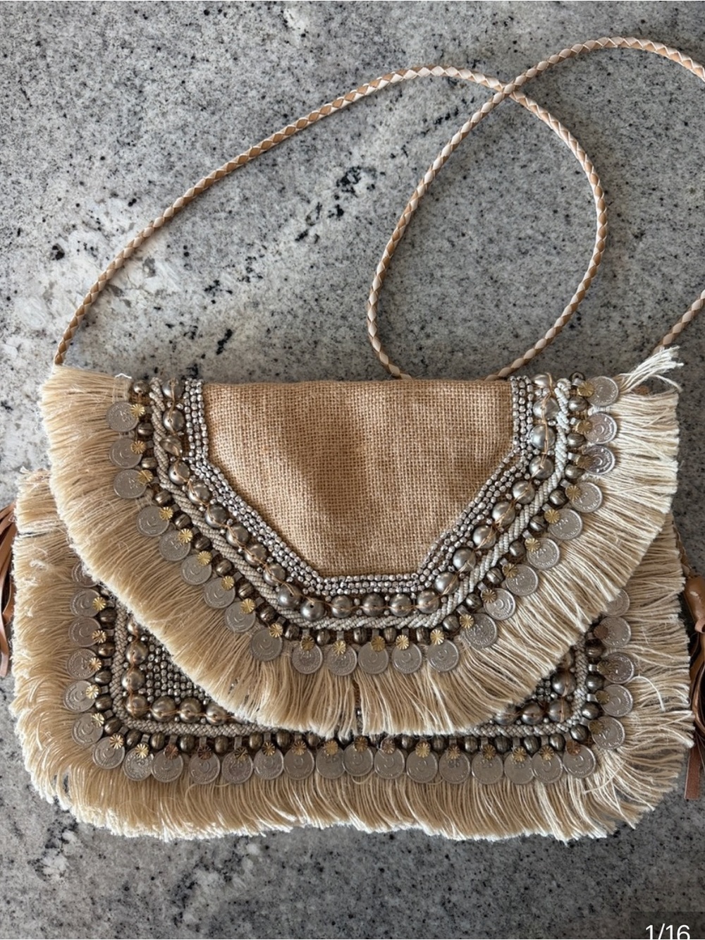 Beaded coin Fringe Crossbody Bag - Natural